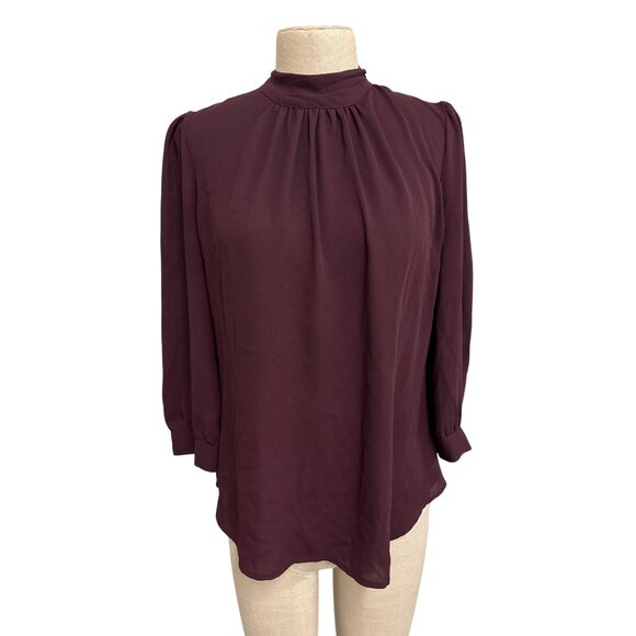 Womens Burgundy 7th Avenue Design Studio Blouse S High Neck 3/4 Sleeve Button Cu - Picture 1 of 12